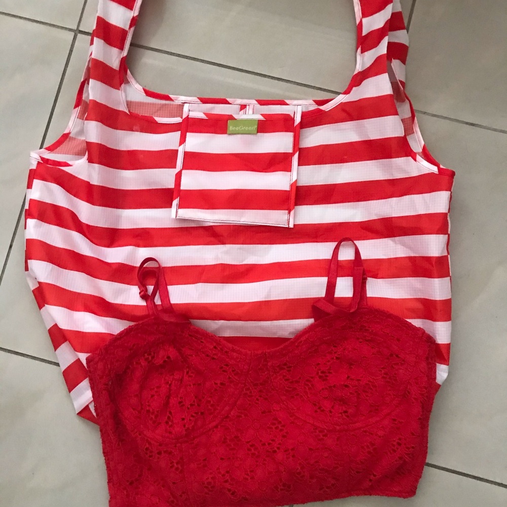 Decree Red Lace Bralett with Bee Green Tote Bag